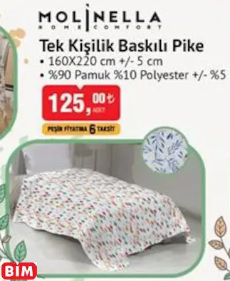 MOLİNELLA TEK KİŞİLİK BASKILI PİKE